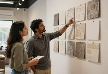 A designer and client standing in a half-finished commercial space in Gurgaon, pointing at a wall where wallpaper samples are pinned up.