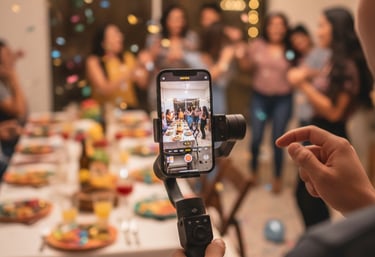 Filming a festive dinner party with a smartphone gimbal stabilizer and string lights.