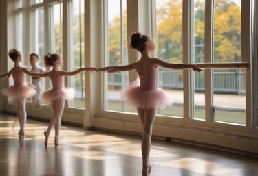Photo of a ballet class in session with students practicing at the barre.