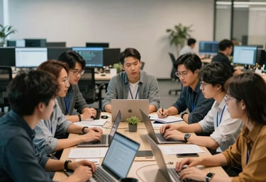 A team of software engineers engaged in a daily agile stand-up meeting in a high-tech corporate office, modern technology environment, North American / US.