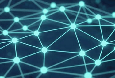 Abstract technological 3D visualization of interconnected data nodes, glowing soft teal and deep navy blue, representing sophisticated network solutions.