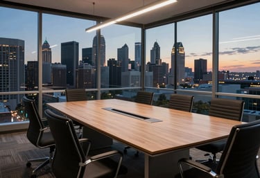 A high-angle view of a modern board room with a large table and ergonomic chairs, overlooking a North American city skyline at dusk.