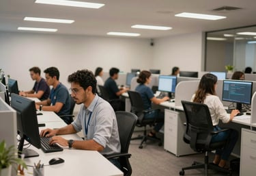 Wide shot of a modern, open-plan call center in Brazil, South American / Brazilian staff working efficiently at clean white workstations, professional atmosphere.