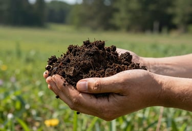 Close-up photography of a person's hands holding a mound of rich, dark organic soil in a sun-drenched North American field, forest green background.