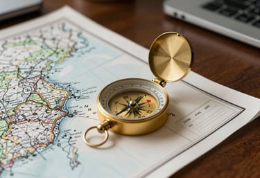 Close-up photography of a gold-detailed compass and trade maps on a dark wood executive desk in a professional South Asian office.