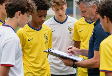 A group of diverse teenagers, boys and girls, huddling together with a professional soccer coach on a field in France. They are looking at a tactical clipboard. Dynamic, inspiring atmosphere with bright yellow and white accents in their gear.