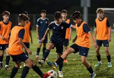 A diverse group of boys and girls aged 11 to 16 training on a lush green field in France, focusing on a technical passing drill, professional cinematography, high contrast lighting with yellow-orange tones.