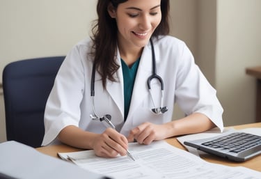 A medical professional wearing protective gear and magnifying glasses is performing a procedure. The setting is brightly lit, highlighting the focus on the detailed work being done. Instruments and gloved hands are visible, indicating a clinical environment.
