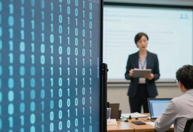 A digital illustration of a network diagram featuring interconnected servers, laptops, and nodes. The nodes are organized in a grid form and connected by glowing lines, centered around a power symbol. Various symbols are present on the servers.