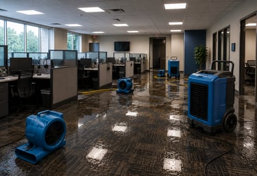 Commercial call center water damage cleanup with wet carpet drying equipment, dehumidifiers
