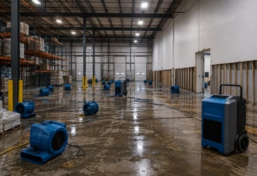 Commercial warehouse structural drying and water damage restoration with industrial dehumidifiers an