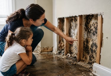 Hidden mold growth inside a water-damaged wall