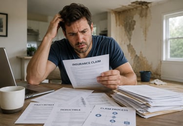 Homeowner reviewing confusing water damage insurance paperwork