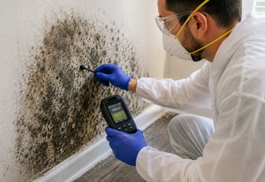Professional mold inspection inside a water-damaged wall