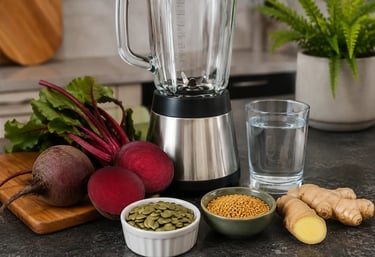 Beterraba, gengibre, feno-grego sementes e liquidificador para e copo de vidro com agua