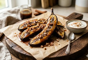 Bananas assadas caramelizadas com nozes-pecã e xarope de bordo servidas sobre uma tábua rústica 