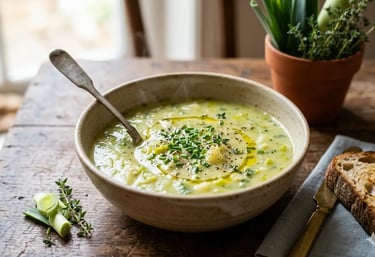 Sopa cremosa de batata e alho-poró, finalizada com cebolinha fresca e azeite, servida em uma tigela 
