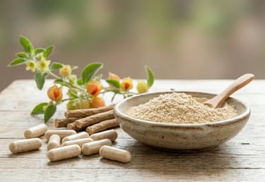 Pó de ashwagandha orgânico em uma tigela, com cápsulas de ervas e raízes sobre uma mesa de madeira.