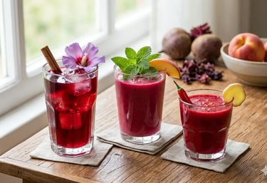 Três smoothies saudáveis de hibisco e beterraba, decorados com hortelã, gengibre e canela.