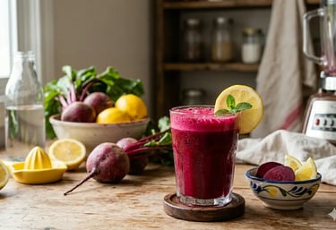 Suco de beterraba vermelha com limão, recém-batido, com hortelã em copo sobre mesa rústica .