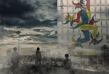 a man standing on a city street with a giant clock