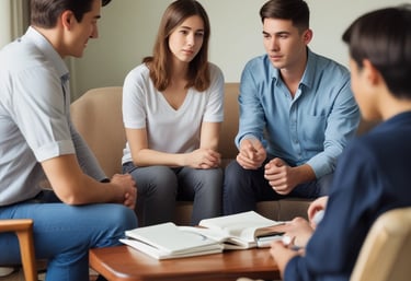 A group of people gathered around a table, where a person in the center seems to be receiving comfort or support. The atmosphere appears intimate and focused, with individuals displaying attentive body language.