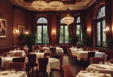 A stylish and upscale restaurant interior with neatly arranged tables covered in white cloth. The walls are adorned with decorative panels featuring intricate geometric patterns. Warm lighting from numerous small ceiling lights creates an inviting ambiance, and the wooden furniture adds an element of elegance. Subtle green plants are visible in the background.