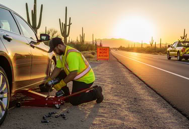 Roadside Assisstance Technician Changing tire on the side of the road in the desert