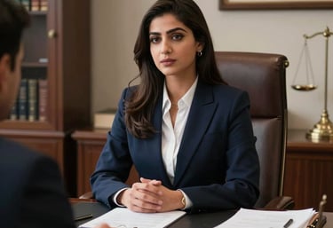 Close-up of legal documents and a pen on a polished wooden desk with law books in the background.