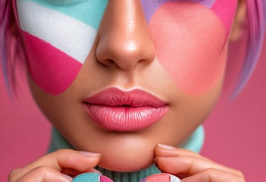 Portrait artistique au maquillage coloré tenant un cœur peint pastel, reflet de la sensibilité créative de M.I.U.