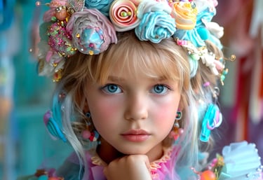 Fillette aux yeux bleus portant une couronne féerique ornée de fleurs et d’accessoires pastel.