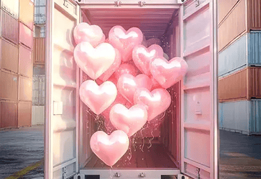 Container blanc ouvert libérant des ballons en forme de cœur rose, entouré de conteneurs colorés.