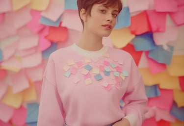 Femme en pull rose avec post-it colorés, posant devant un mur recouvert de notes multicolore.