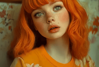 Jeune femme rousse aux taches de rousseur, regard pensif, vêtue d’un pull fleuri orangé.