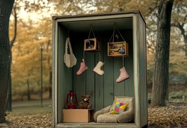 Petit abri en bois décoré d’objets vintage, chaussettes suspendues, ambiance automnale.