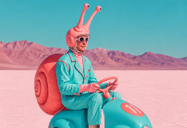 Homme en costume turquoise coiffé d'un casque escargot sur une petite voiture, métaphore du processus créatif étape par étape