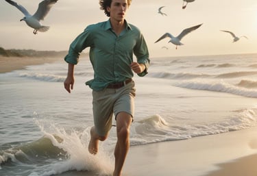 a boy runs on the beach with the sea behind him at sunset