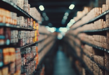 A small market or street vendor with several women interacting around a table displaying various goods, including packaged food items and bottled products. The vendor is situated in a busy area, with posters and shelves filled with merchandise in the background. The atmosphere is casual, with women wearing a variety of colorful clothing styles.