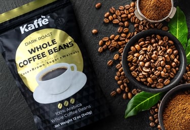 a bag of coffee beans and coffee beans