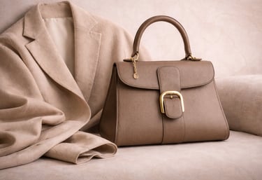 Luxury Delvaux handbag styled with beige cashmere coat in neutral editorial setting.