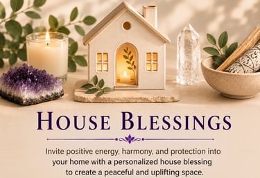 House blessing ritual scene with amethyst crystal, lit candles, and ceramic house for spiritual protection.