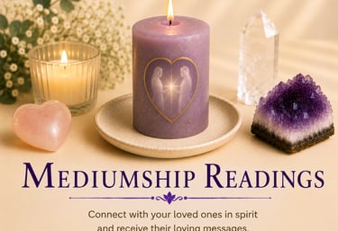 A lit purple candle for mediumship readings with amethyst and rose quartz crystals for spiritual connection.