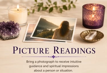 Spiritual picture readings with psychic photos, healing amethyst crystals, and calming lit candles.