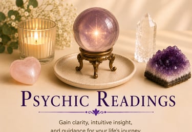 Psychic readings banner featuring a crystal ball, amethyst, and rose quartz for intuitive guidance.