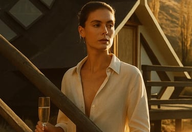 Mujer con una copa de espumante frente al atardecer en la cordillera, en un glamping Cajón del Maipo