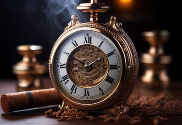 Image of a clock sitting on a table surrounded by cigar filler and a finished cigar.