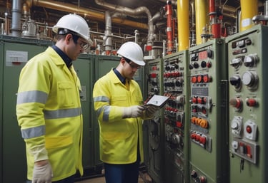 A group of workers in helmets and protective gear are maneuvering large industrial equipment on an offshore oil rig. The structure features prominent yellow piping and scaffolding, with the ocean visible in the background. The scene depicts a busy, industrial environment.