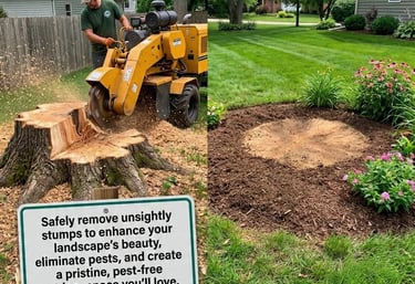 Arborist operating a stump grinder removing a tree stump with wood chips flying