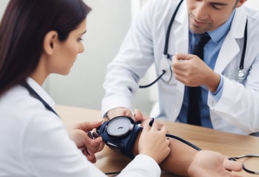 A laptop displaying a website with a search bar at the top and several categorized icons for different services. The laptop is positioned on a light-colored desk in an indoor setting, with the focus on the screen contents and some blurred background elements.