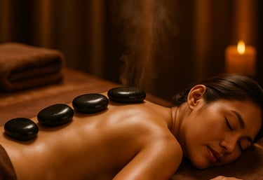 Smooth hot stones placed along a clientβs back in a tranquil spa environment